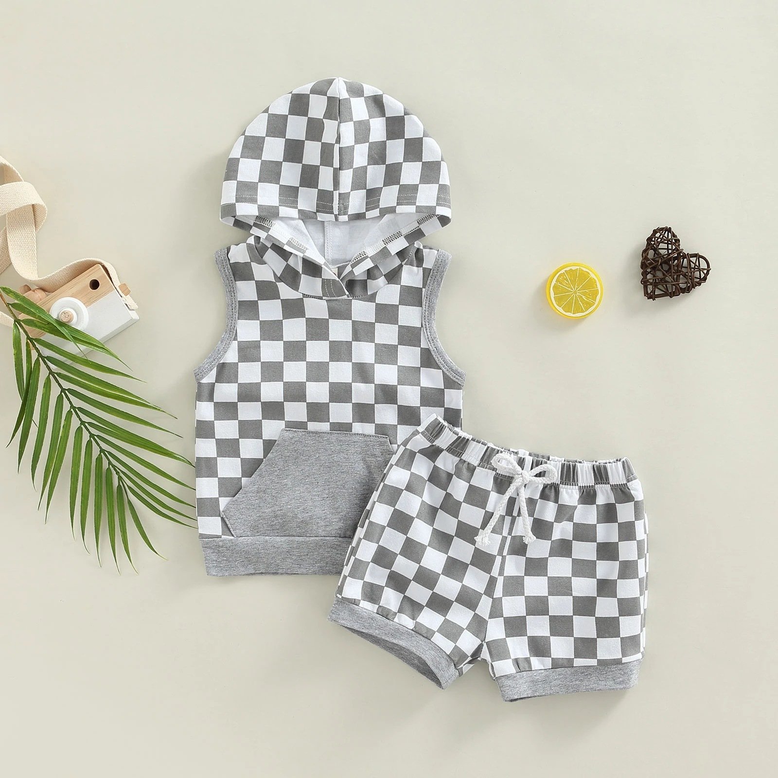 Infant Baby Boy Checkerboard Hoodie Shorts Sets Outfits for Kids Boy