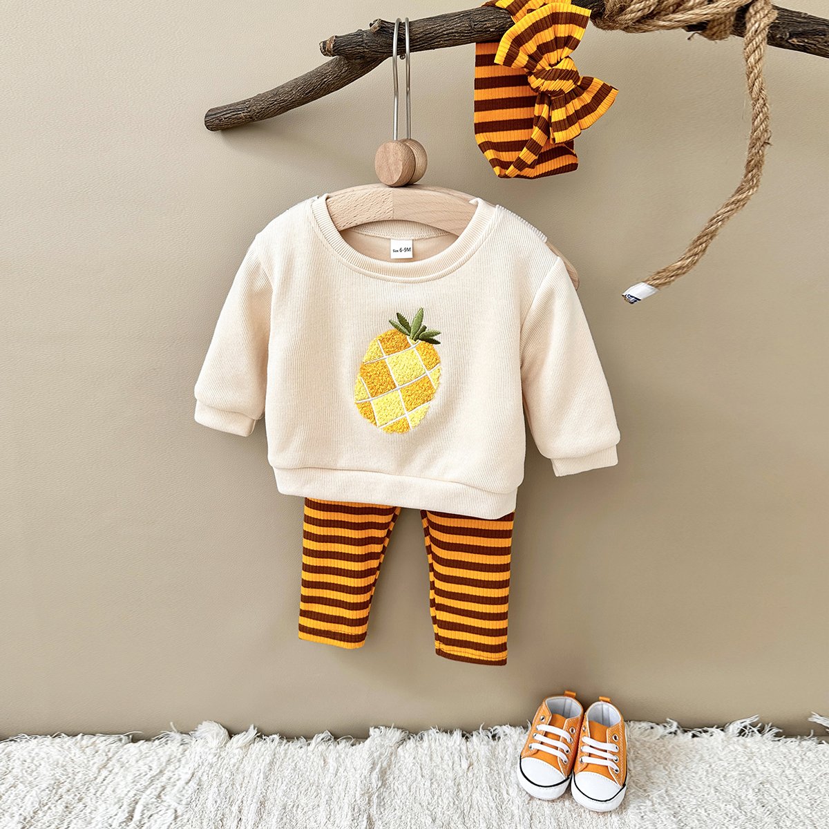 New Autumn Baby Boys Clothing Newborn Girl Set 3PCS Cotton Infant Clothes Pineapple Embroider Suit Sweater Top Infant Hair Band