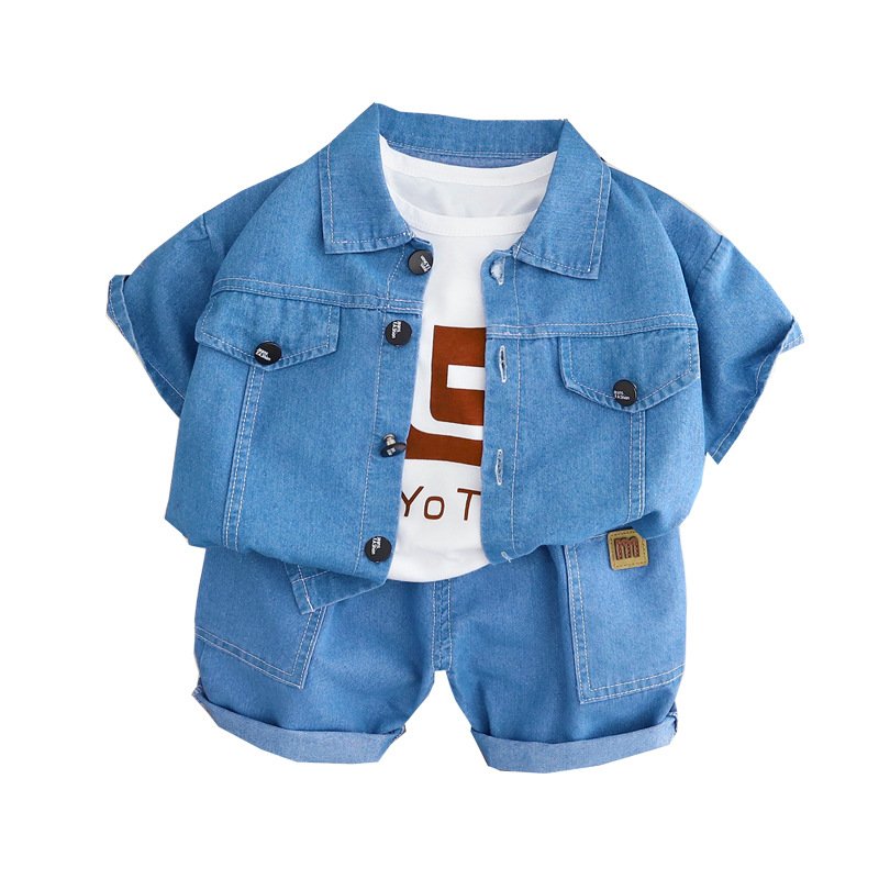 Boys summer suit 2023 new children's clothes summer denim cardigan short sleeved three-piece set three-year-old baby