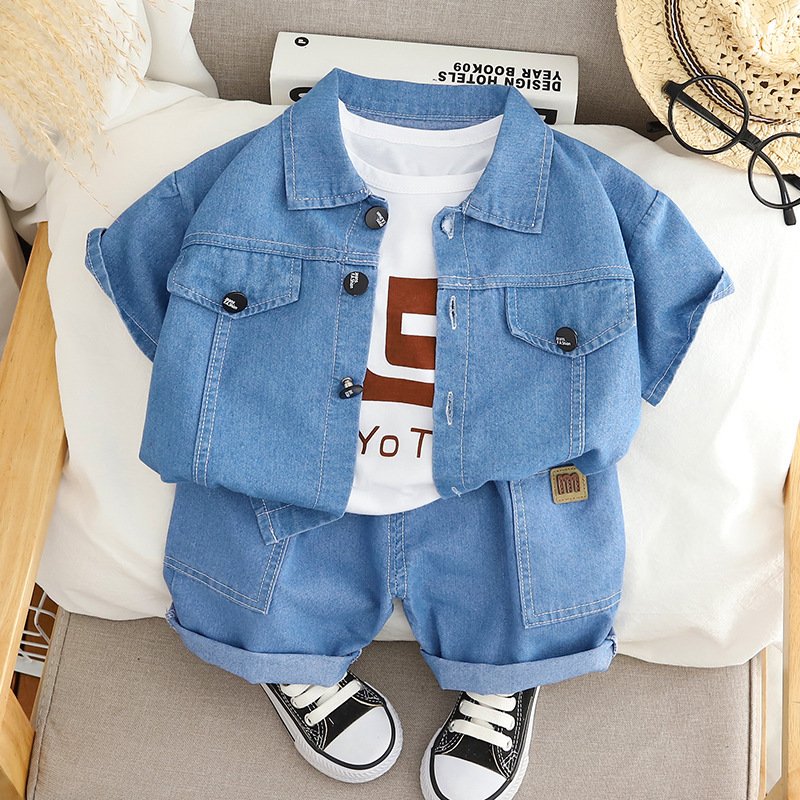 Boys summer suit 2023 new children's clothes summer denim cardigan short sleeved three-piece set three-year-old baby