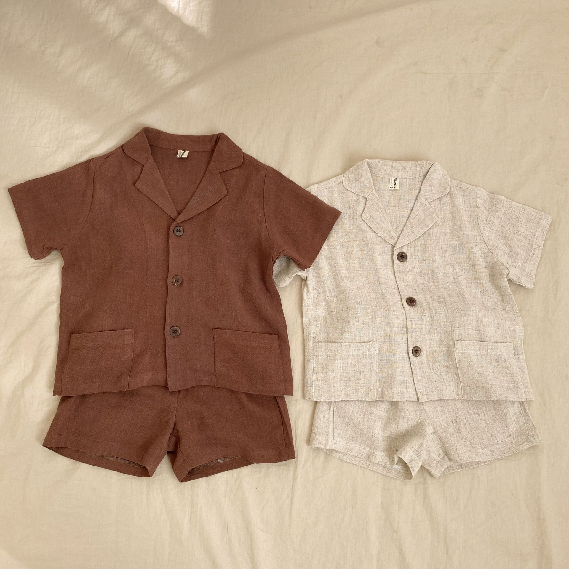 Summer Kids Boys Clothes Set Solid Brown Beige Linen Shirts Shorts Boys Girls Casual Children 2PCS Sets