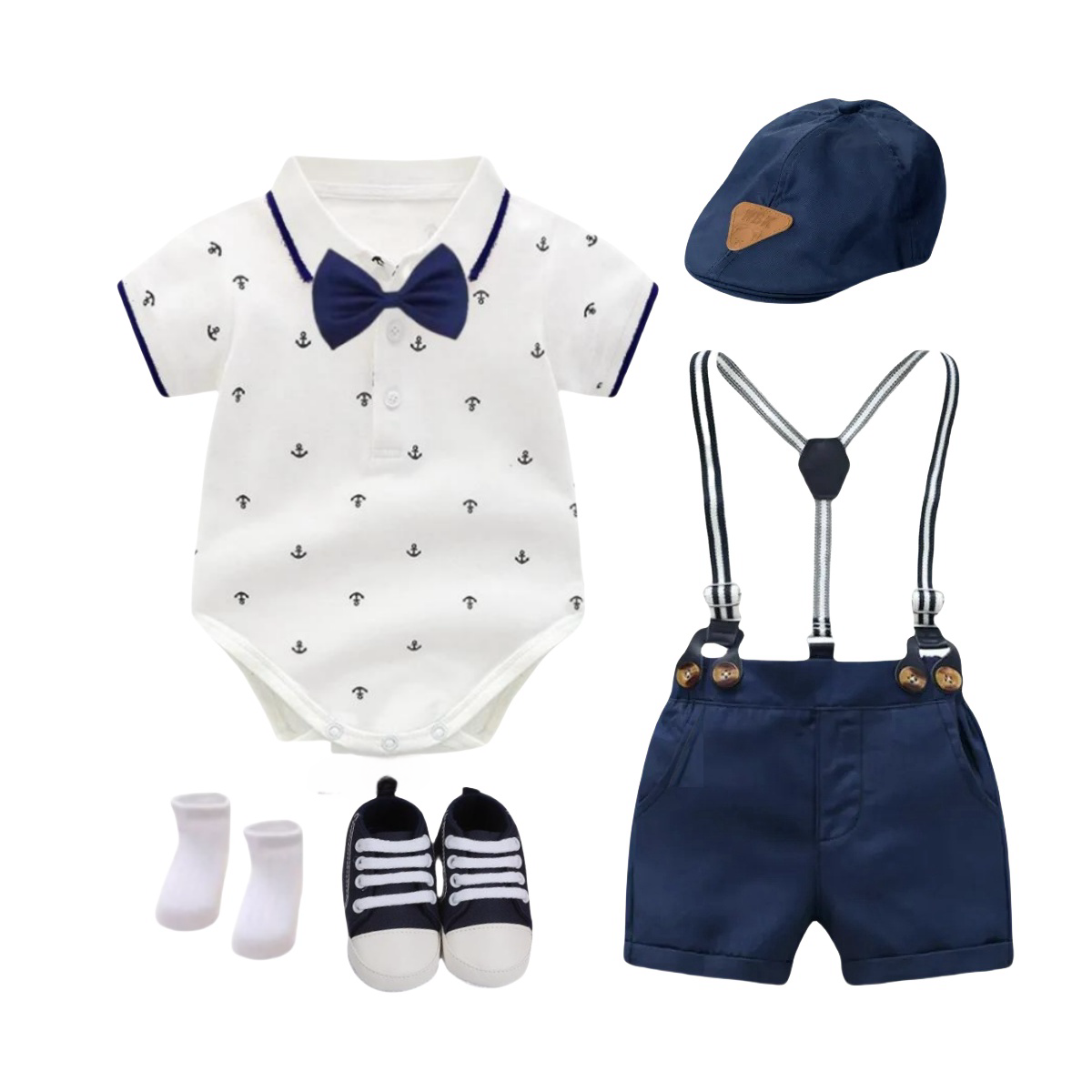New Baby Boy Clothes Set 5pcs Kids Button up Top Anchor Romper Shirt Overalls Outfits Newborn Baby Clothing With Hat Shoes Socks