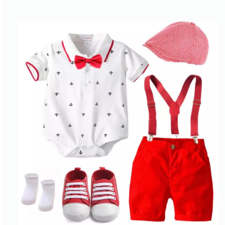 New Baby Boy Clothes Set 5pcs Kids Button up Top Anchor Romper Shirt Overalls Outfits Newborn Baby Clothing With Hat Shoes Socks