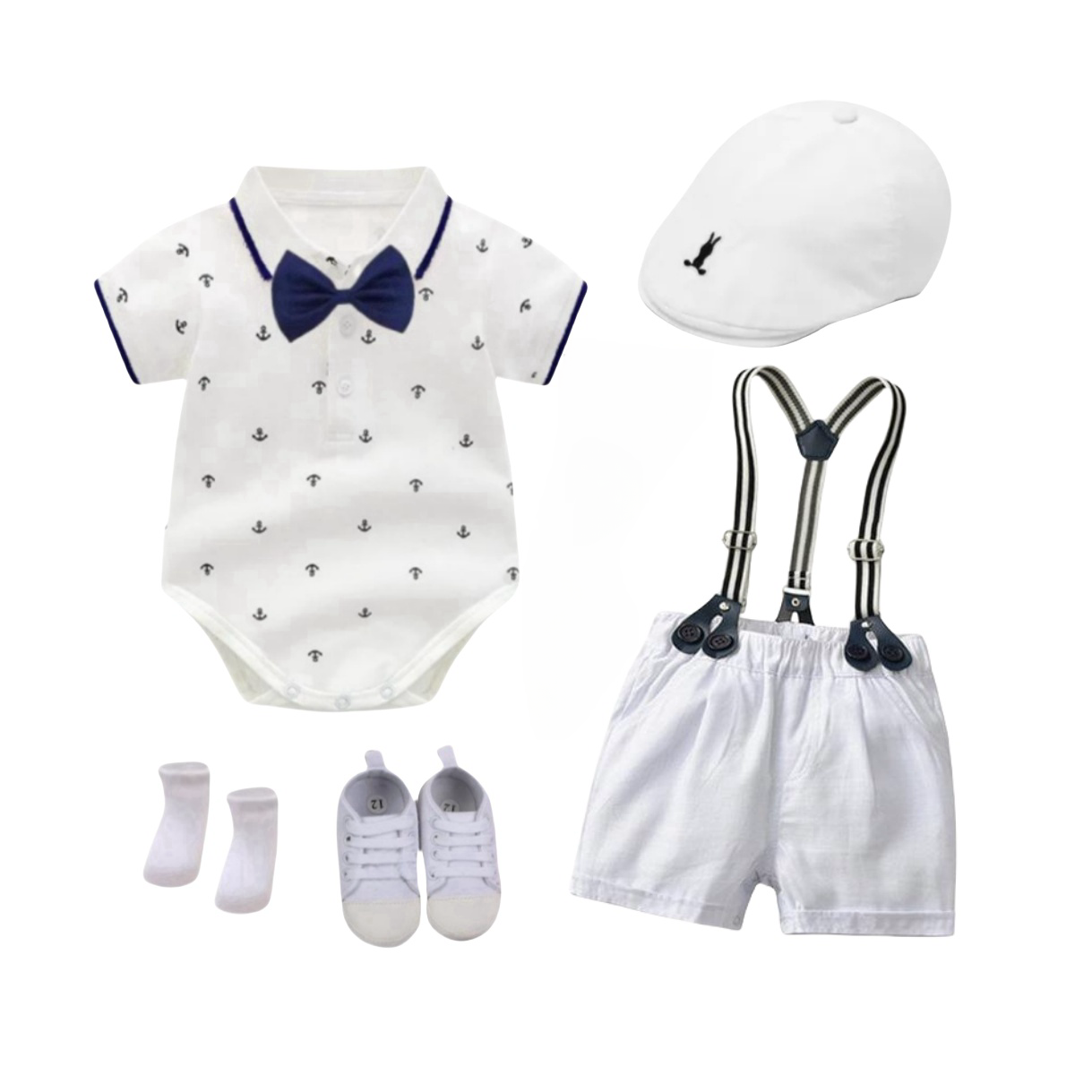 New Baby Boy Clothes Set 5pcs Kids Button up Top Anchor Romper Shirt Overalls Outfits Newborn Baby Clothing With Hat Shoes Socks