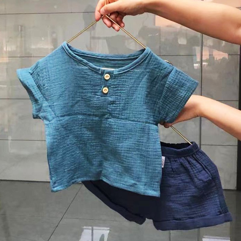 Toddler Kids Baby Boys Summer Casual Muslin Cotton Clothes Sets Solid Short Sleeve T-shirt Tops&short Outfit 2Pcs Set