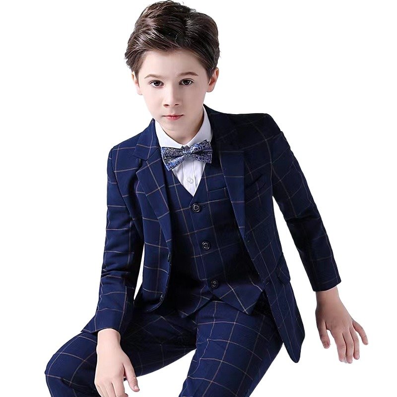 2023 New Children Clothing Blazer Casual Boy's Suit 4 pieces Full Sets Dark Blue Plaid performance stage Suit For Boys Child