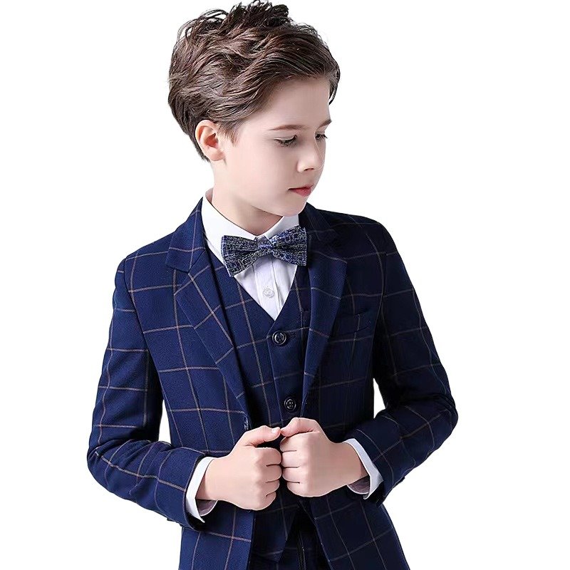 2023 New Children Clothing Blazer Casual Boy's Suit 4 pieces Full Sets Dark Blue Plaid performance stage Suit For Boys Child