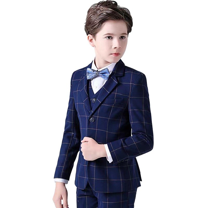 2023 New Children Clothing Blazer Casual Boy's Suit 4 pieces Full Sets Dark Blue Plaid performance stage Suit For Boys Child