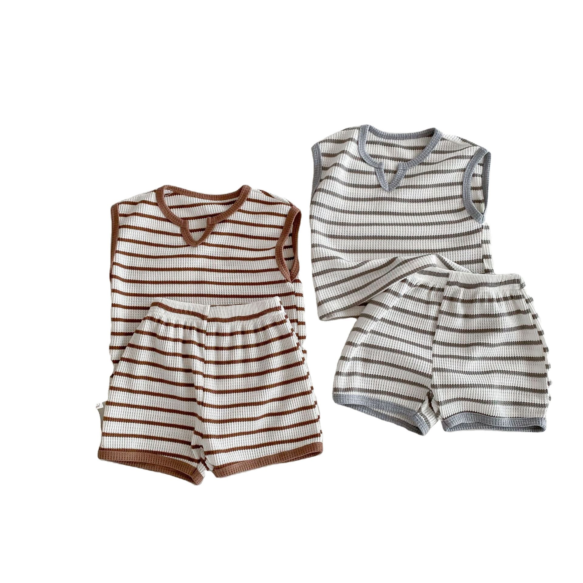 Summer Clothing New Boys And Girls Striped Contrast Color Retro Sleeveless T-shirt Shorts Home Outwear Suit