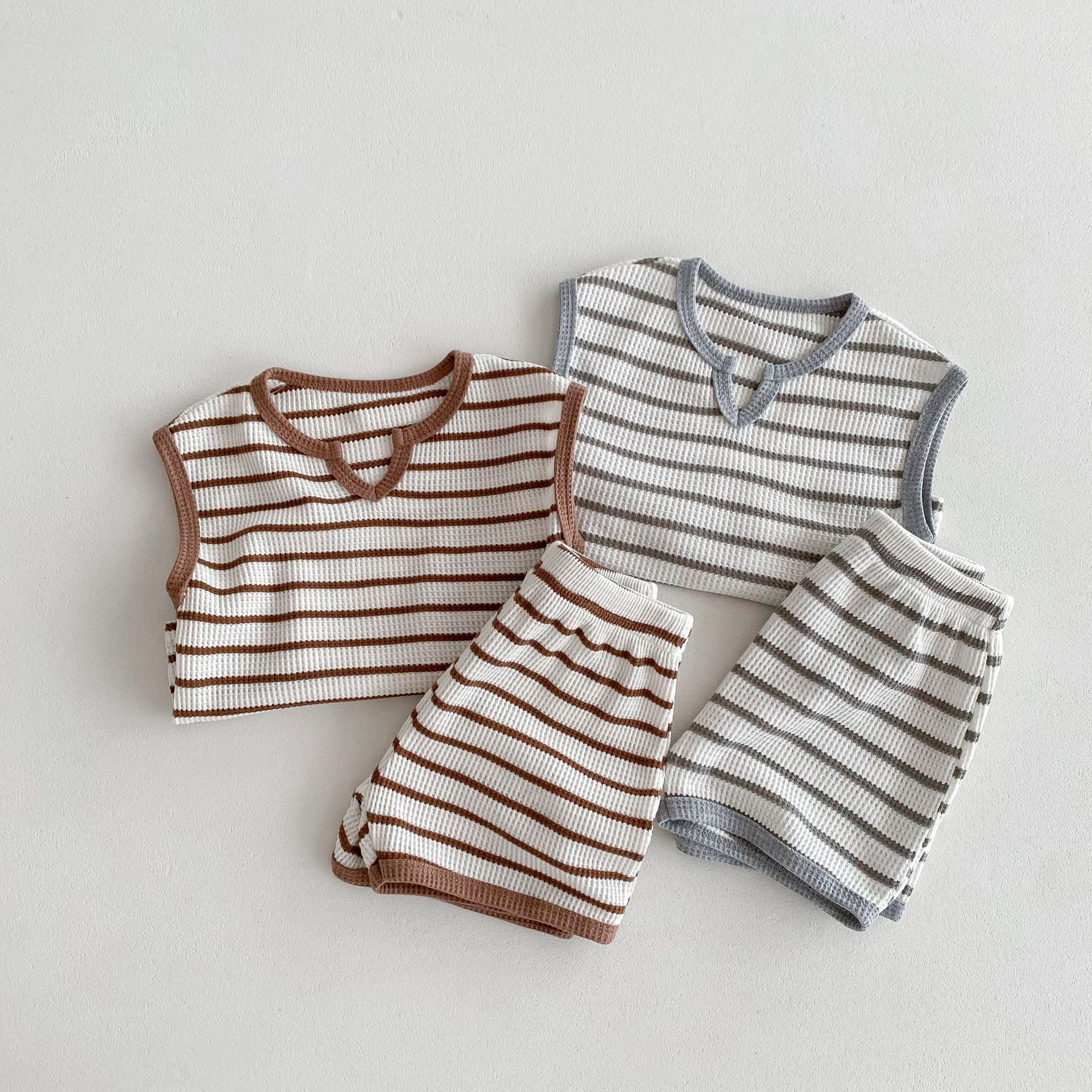 Summer Clothing New Boys And Girls Striped Contrast Color Retro Sleeveless T-shirt Shorts Home Outwear Suit