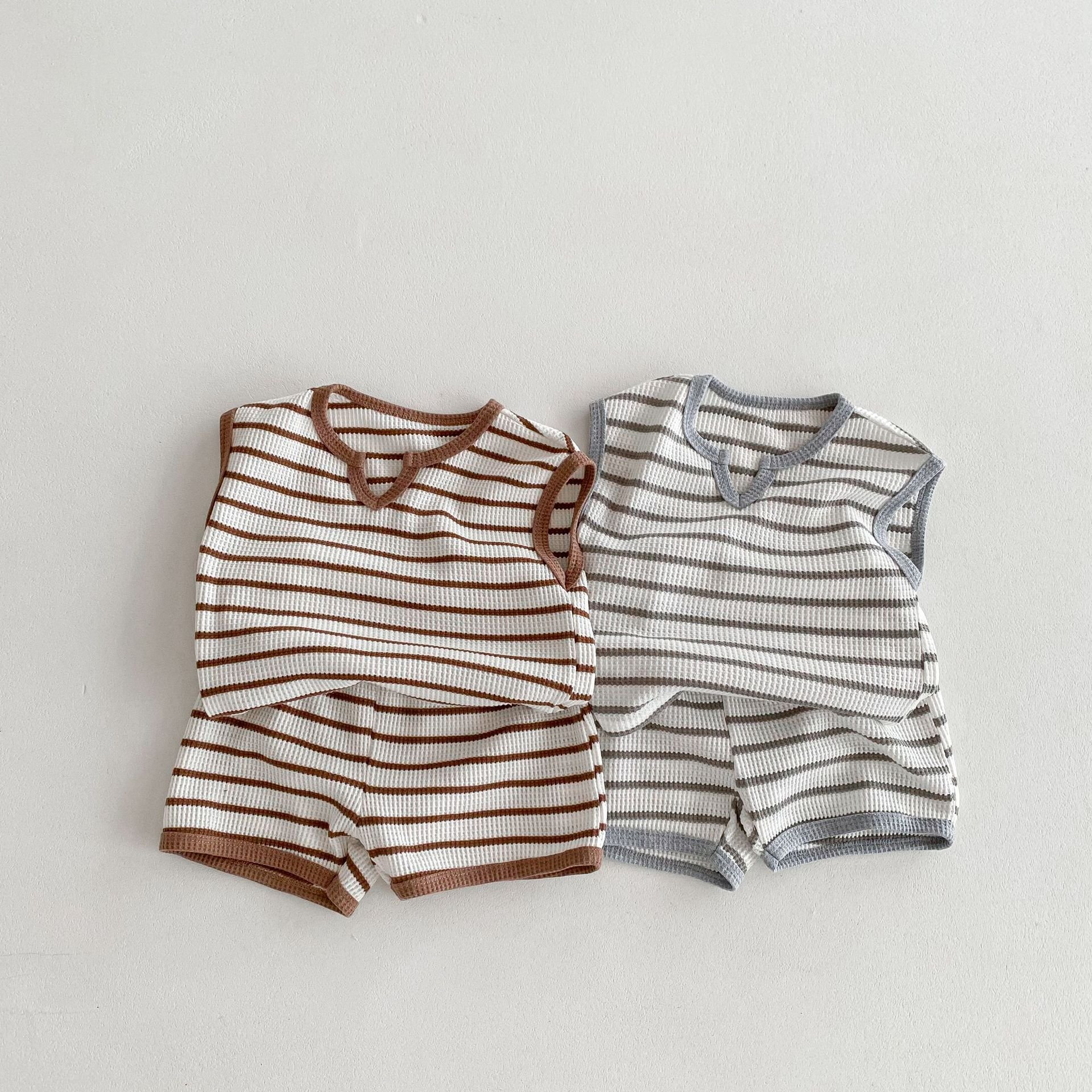 Summer Clothing New Boys And Girls Striped Contrast Color Retro Sleeveless T-shirt Shorts Home Outwear Suit