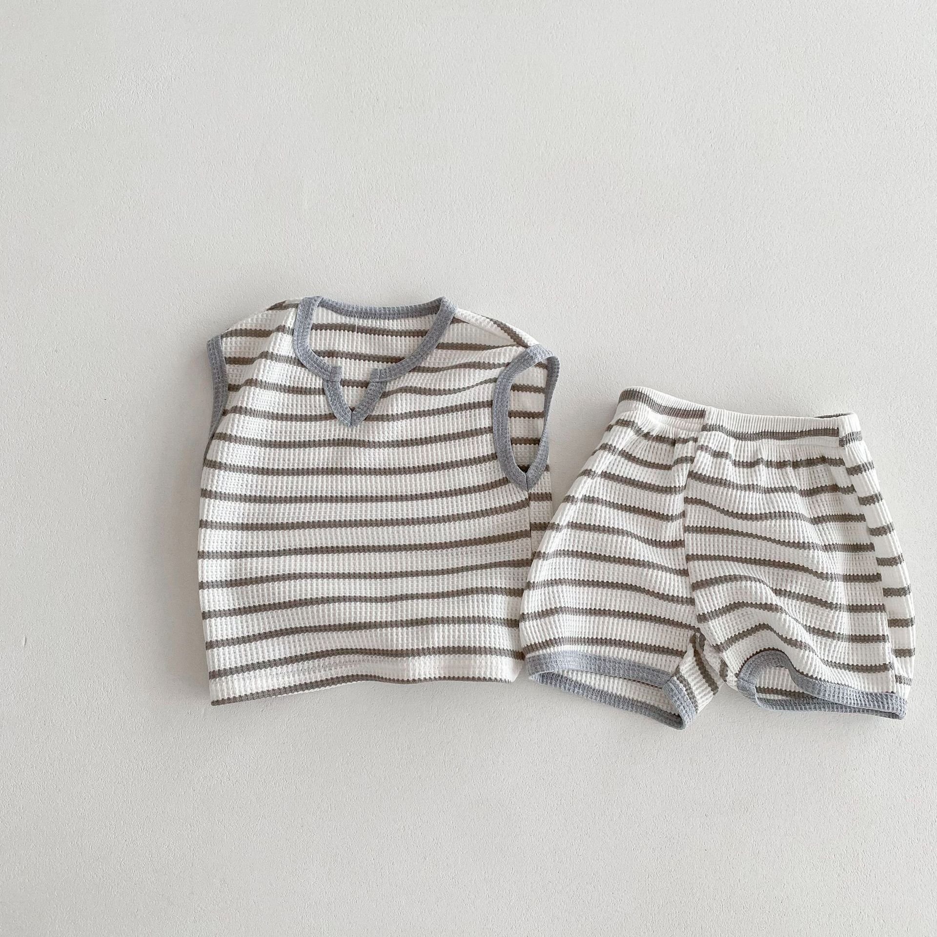Summer Clothing New Boys And Girls Striped Contrast Color Retro Sleeveless T-shirt Shorts Home Outwear Suit