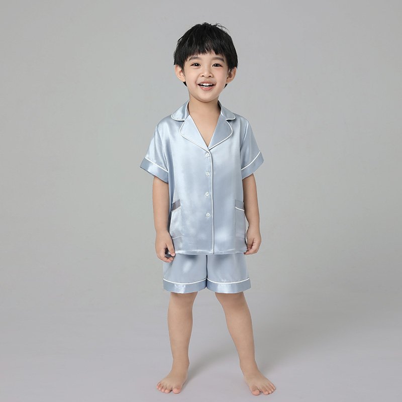 Custom OEM ODM Summer Satin Children Pajamas Set Boys Sleepwear Short Sleeve Tops & Pants Sleepsuits Pijamas Pyjamas Kids PJS