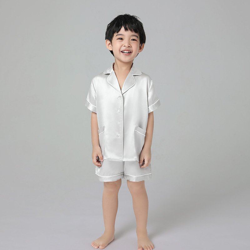 Custom OEM ODM Summer Satin Children Pajamas Set Boys Sleepwear Short Sleeve Tops & Pants Sleepsuits Pijamas Pyjamas Kids PJS