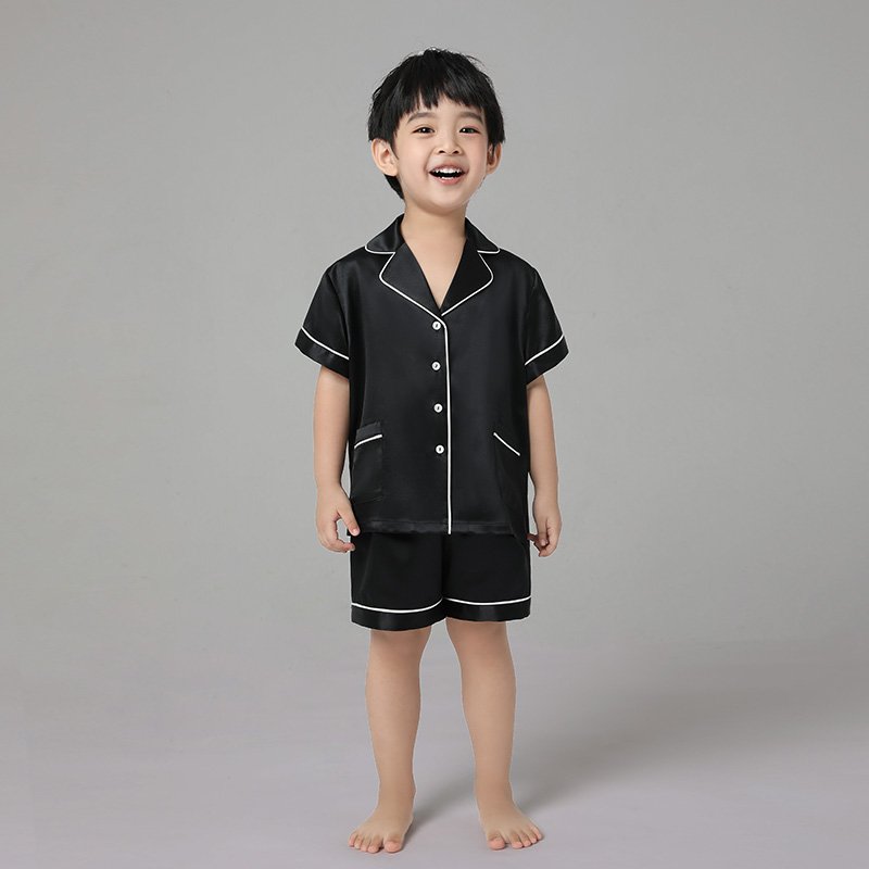 Custom OEM ODM Summer Satin Children Pajamas Set Boys Sleepwear Short Sleeve Tops & Pants Sleepsuits Pijamas Pyjamas Kids PJS