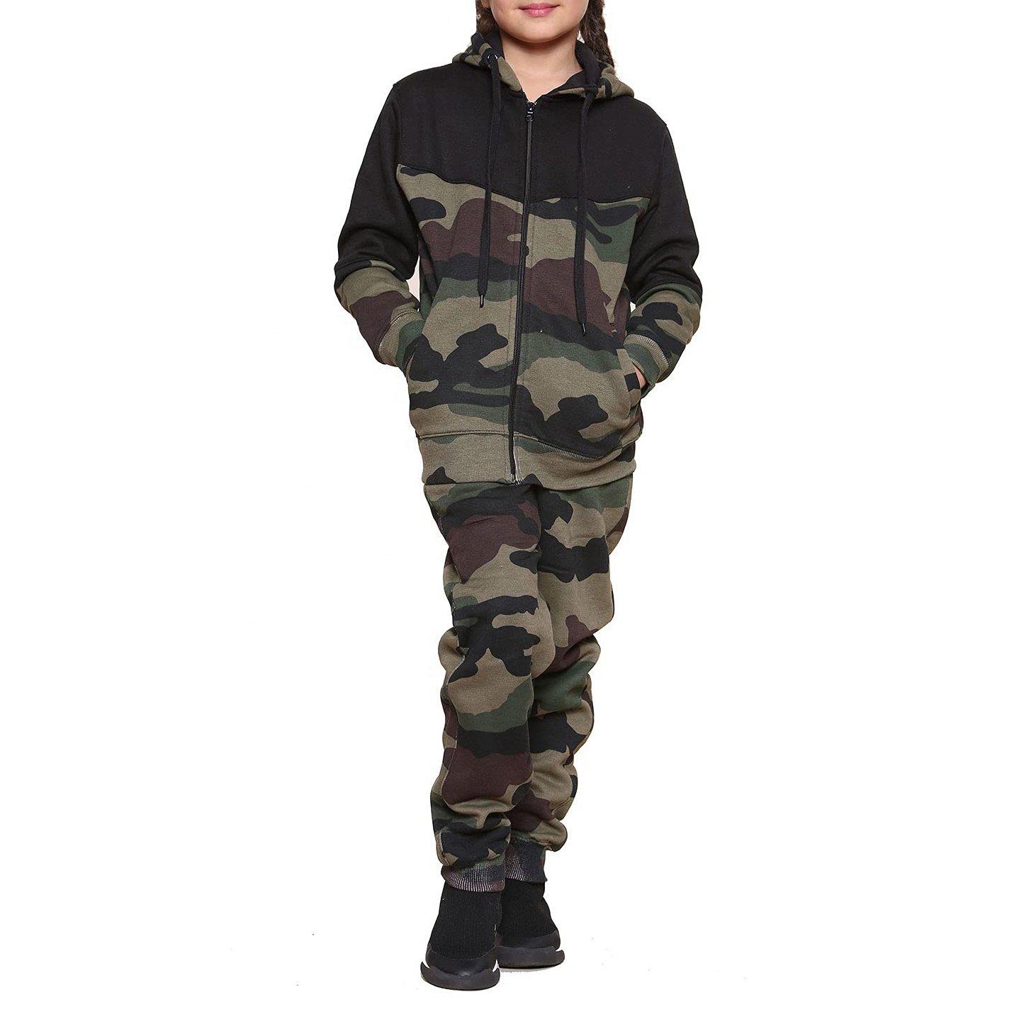 Cotton Children Plain Solid Color 2 Pcs Set Fashion Custom Kids Wholesale Hoodies Camouflage Tracksuit Girls Clothing Sets