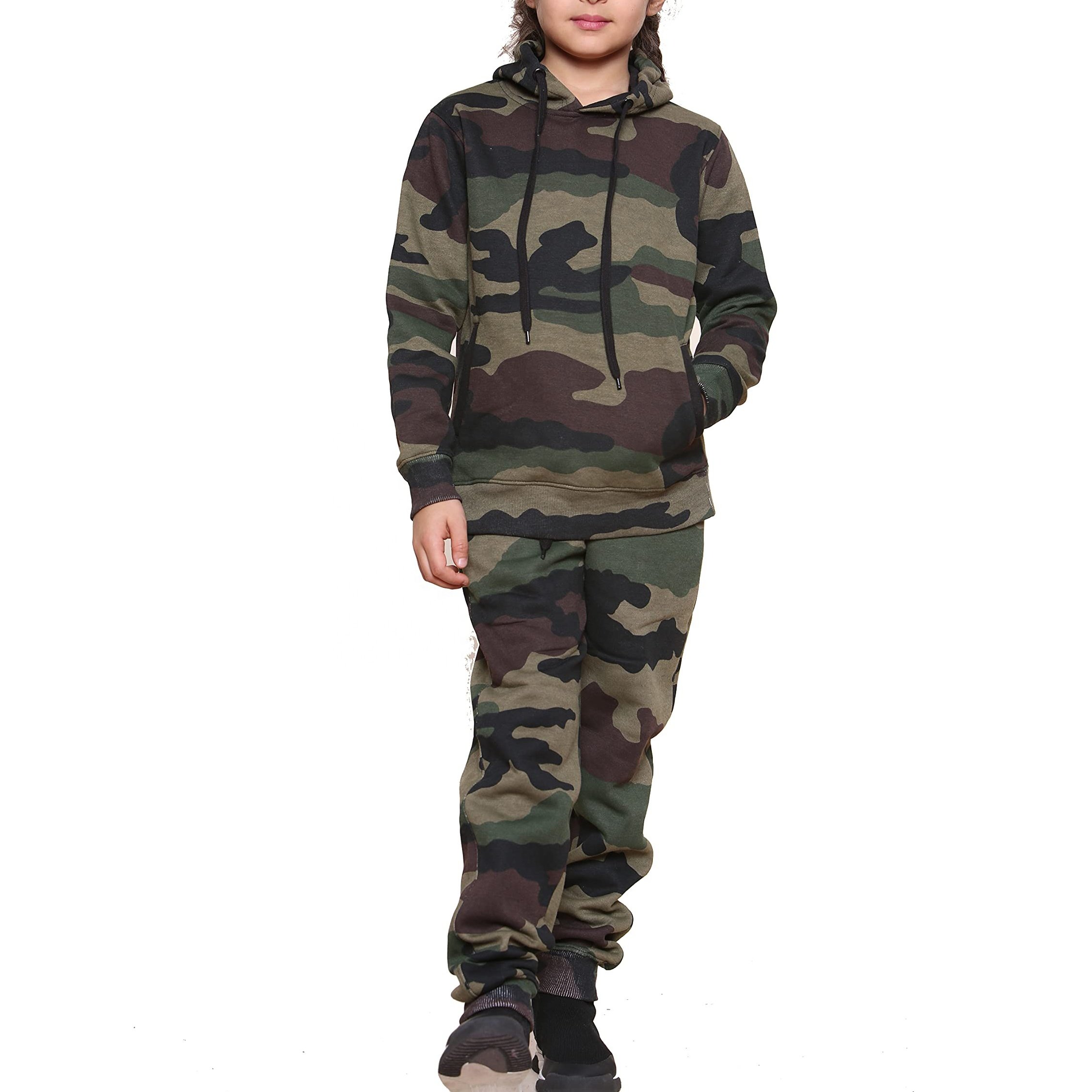 Cotton Children Plain Solid Color 2 Pcs Set Fashion Custom Kids Wholesale Hoodies Camouflage Tracksuit Girls Clothing Sets