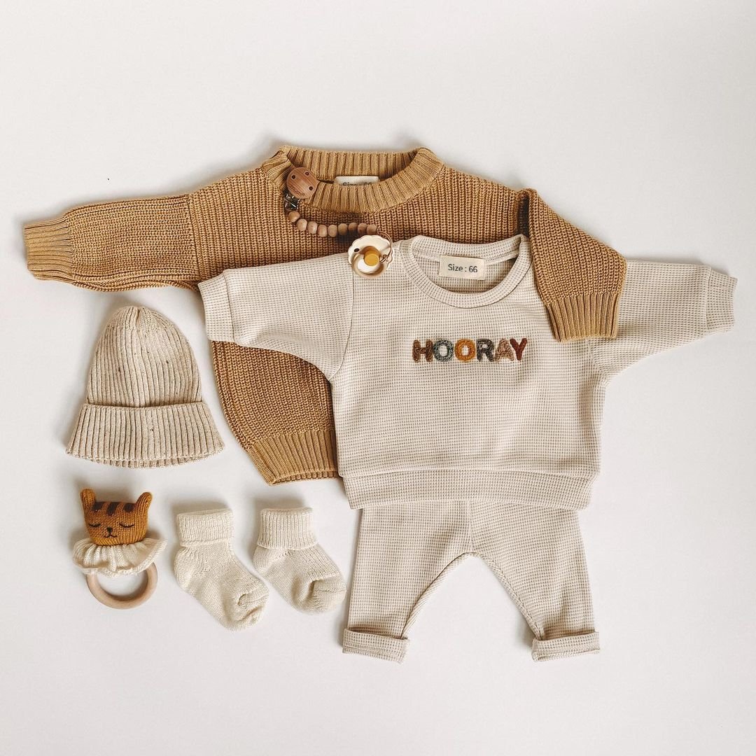 Spring Autumn Baby Boys Casual Clothes Set New Born Girls Waffle Cotton Long Sleeve Top+Pants