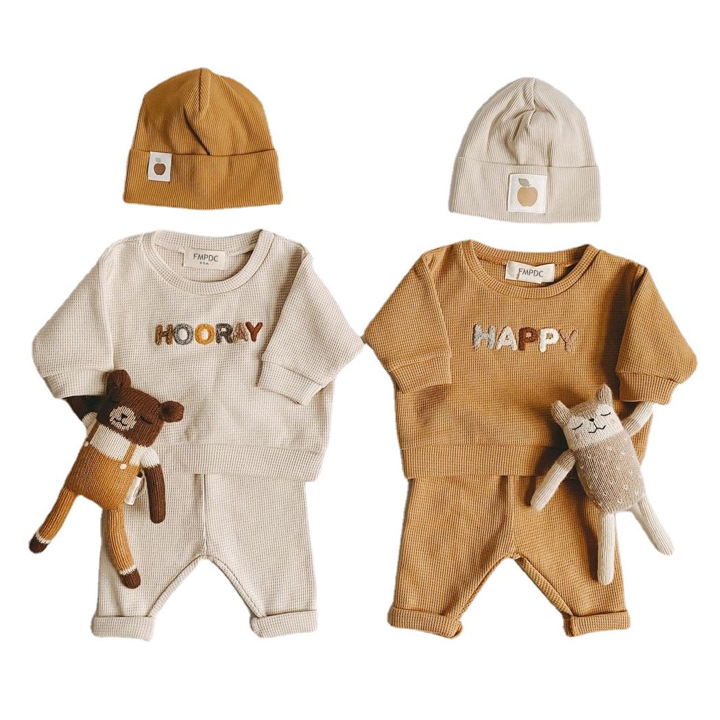 Spring Autumn Baby Boys Casual Clothes Set New Born Girls Waffle Cotton Long Sleeve Top+Pants