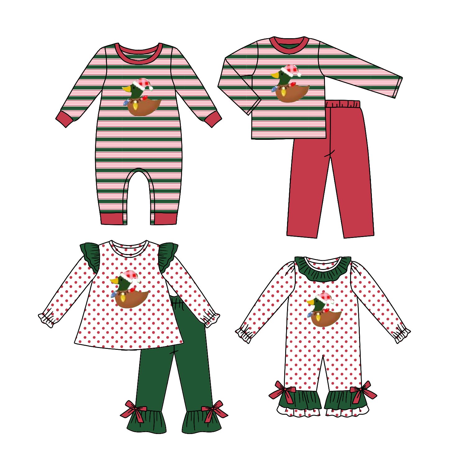 4pcs Wholesale Custom Duck Pattern Embroidery Baby Applique Romper Pajamas Kids Boys And Girls Striped Ruffle Girl Clothing Set
