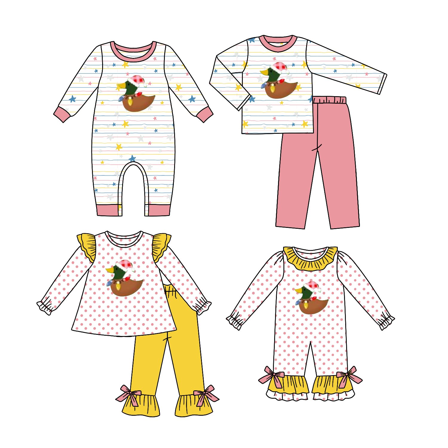 4pcs Wholesale Custom Duck Pattern Embroidery Baby Applique Romper Pajamas Kids Boys And Girls Striped Ruffle Girl Clothing Set