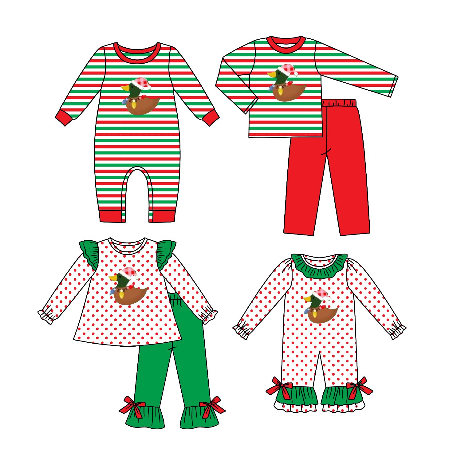 4pcs Wholesale Custom Duck Pattern Embroidery Baby Applique Romper Pajamas Kids Boys And Girls Striped Ruffle Girl Clothing Set