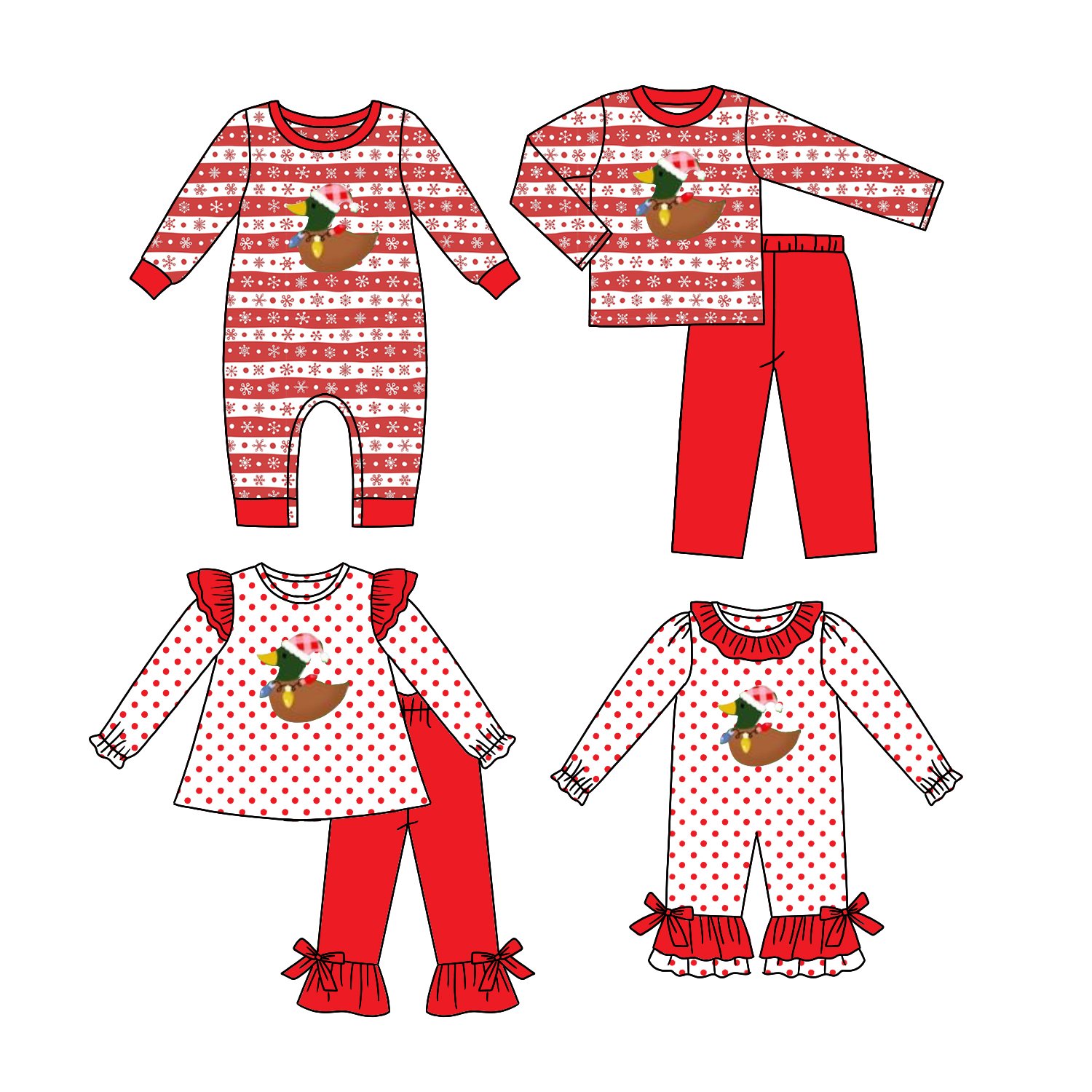 4pcs Wholesale Custom Duck Pattern Embroidery Baby Applique Romper Pajamas Kids Boys And Girls Striped Ruffle Girl Clothing Set
