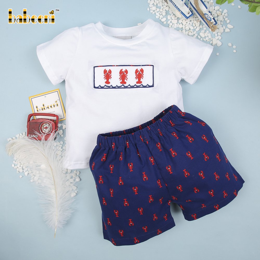 Nice lobster smocked boys clothing summer set ODM Boys clothing sets wholesale baby smocked clothing - BB1530