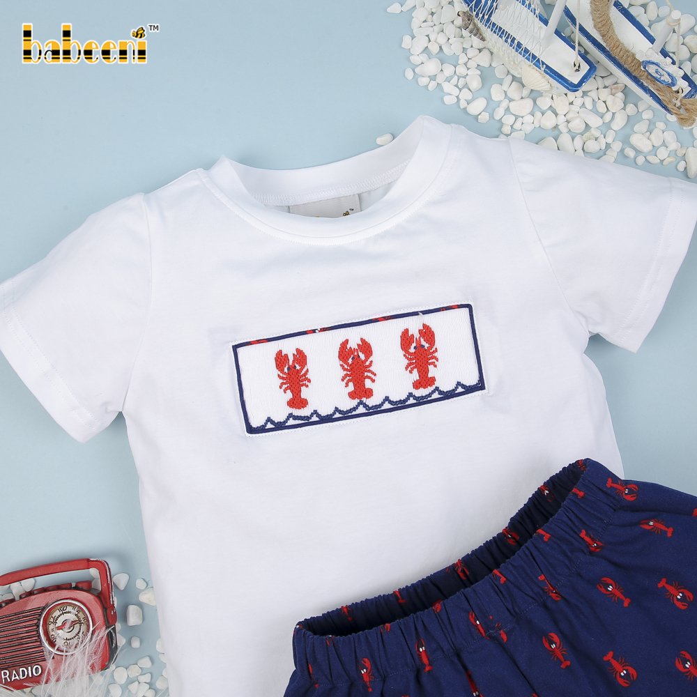 Nice lobster smocked boys clothing summer set ODM Boys clothing sets wholesale baby smocked clothing - BB1530