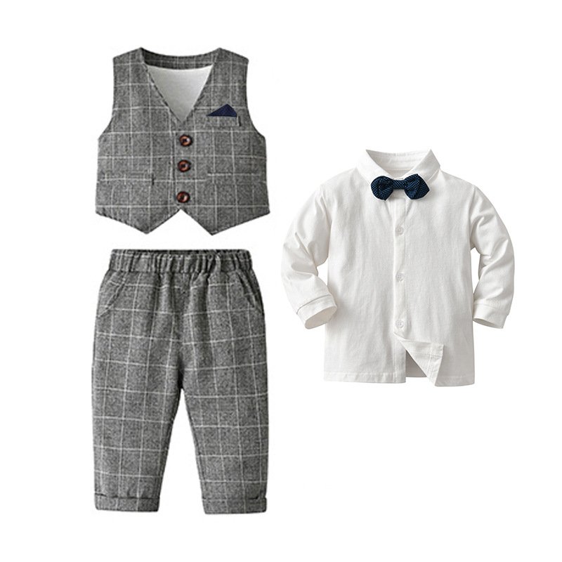 Good Quality 95% Cotton Classic Plaid Baby Gentleman Suit Wedding Boys Clothing Sets Party Baby Boy Formal Suit