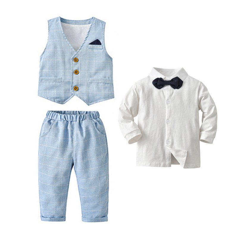 Good Quality 95% Cotton Classic Plaid Baby Gentleman Suit Wedding Boys Clothing Sets Party Baby Boy Formal Suit