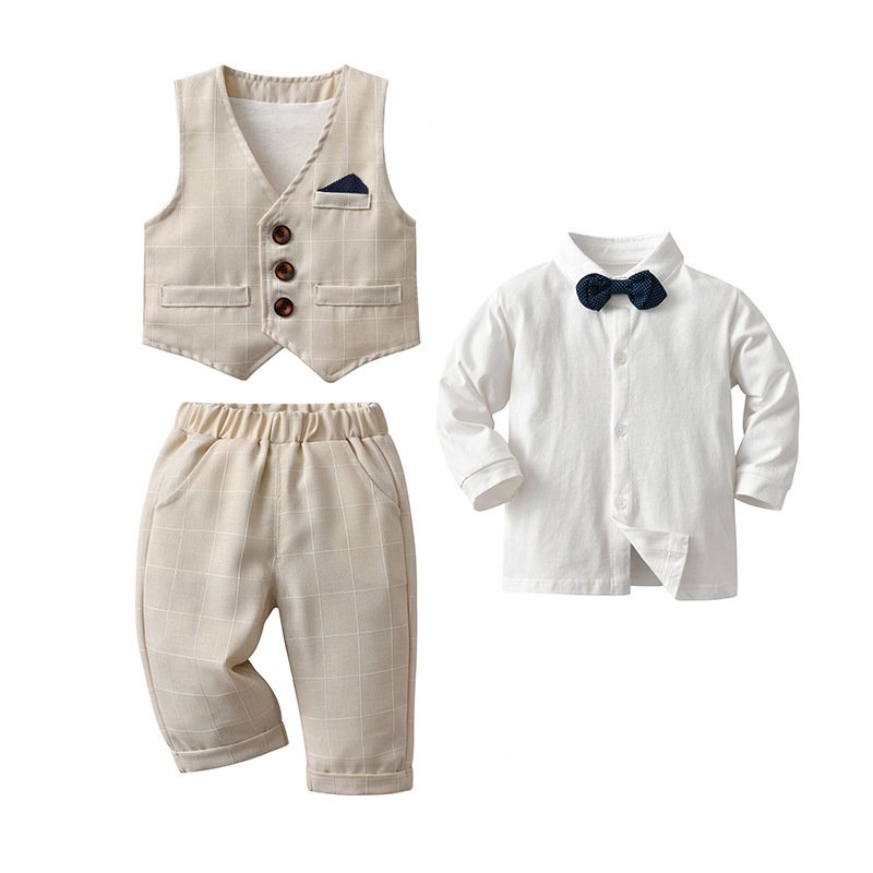 Good Quality 95% Cotton Classic Plaid Baby Gentleman Suit Wedding Boys Clothing Sets Party Baby Boy Formal Suit