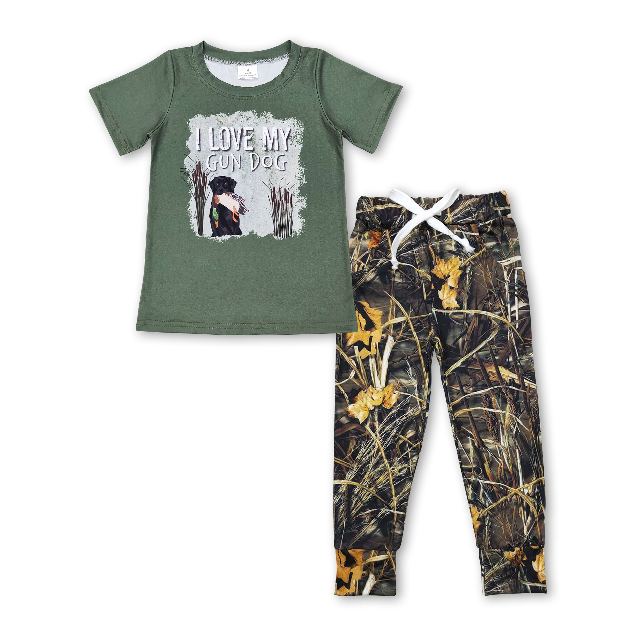 BSPO0378 Vintage clothe I LOVE MY GUN DOG short sleeve top with leaf print long pant western boys clothing sets for kids