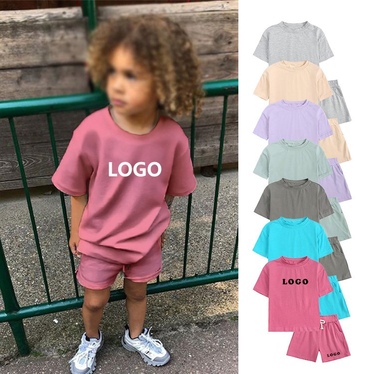 Custom Print Logo Wholesale Cotton Summer Children Kids T Shirt And Short Wear Girl Boys Clothing Sets Clothes For Kids