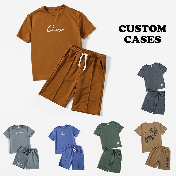 Custom Print Logo Wholesale Cotton Summer Children Kids T Shirt And Short Wear Girl Boys Clothing Sets Clothes For Kids