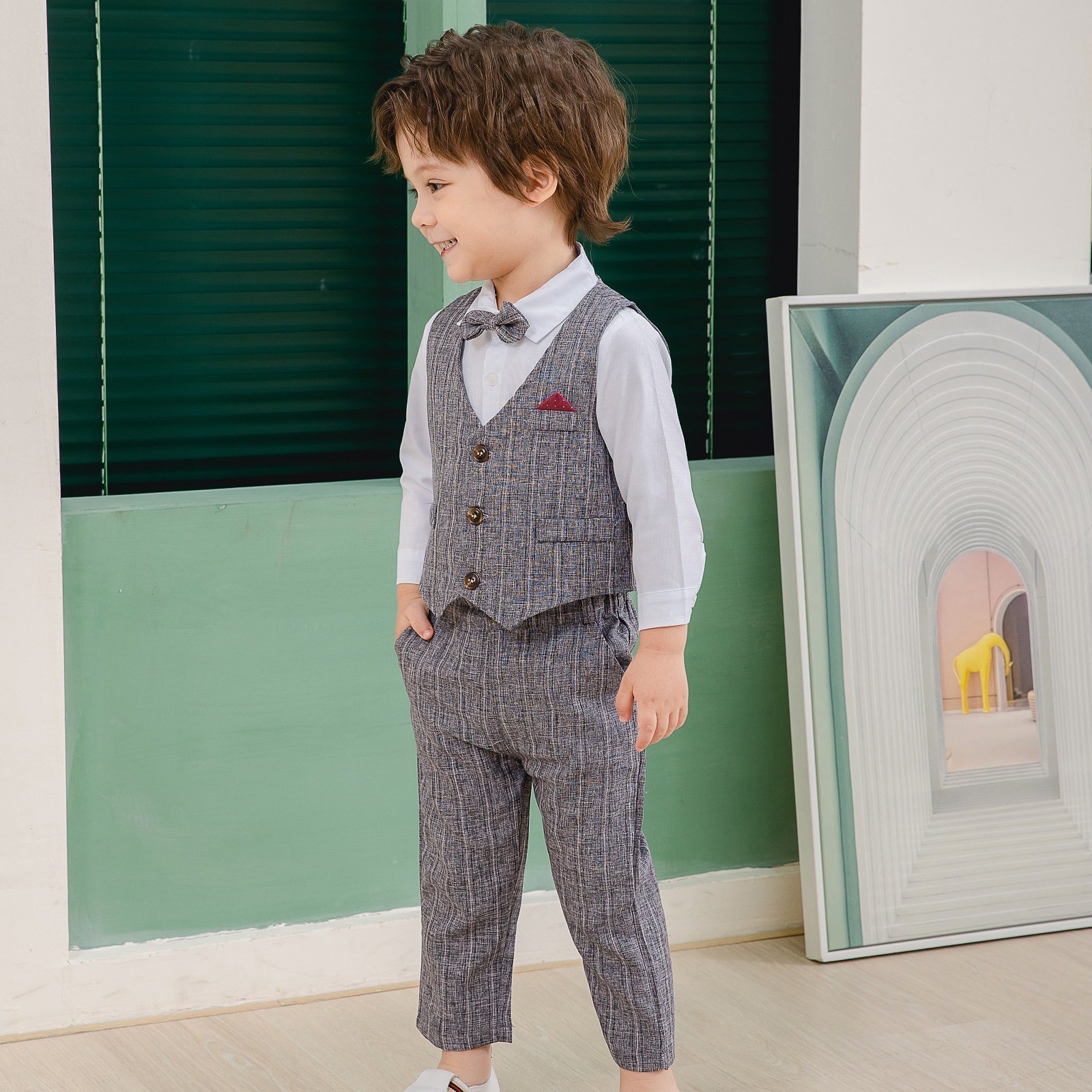Children's Clothing Set Baby Clothing Boys Solid Color T-shirt Straps Shorts Short Sleeved Shirt Bowtie Gentleman 2-piece Set