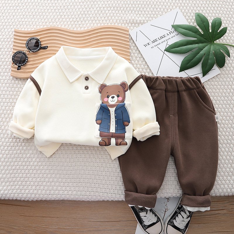 Two children's clothing sets of high quality Autumn/Winter 2024 cotton padded wombat front shirt and trousers