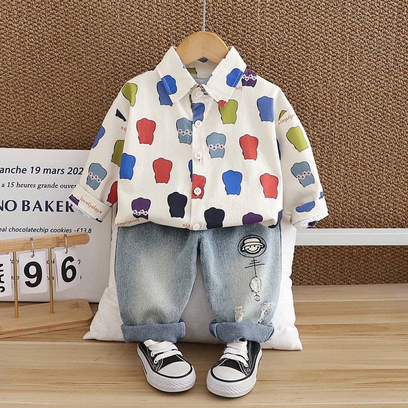 2024 Autumn/Winter Boys Clothing Set Children's Long Sleeve Top Warm Two-Piece Jeans Suit Soft Shell Cartoon Kids' Girls & Boys