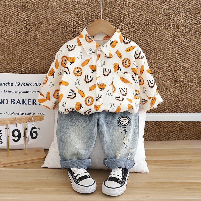 2024 Autumn/Winter Boys Clothing Set Children's Long Sleeve Top Warm Two-Piece Jeans Suit Soft Shell Cartoon Kids' Girls & Boys