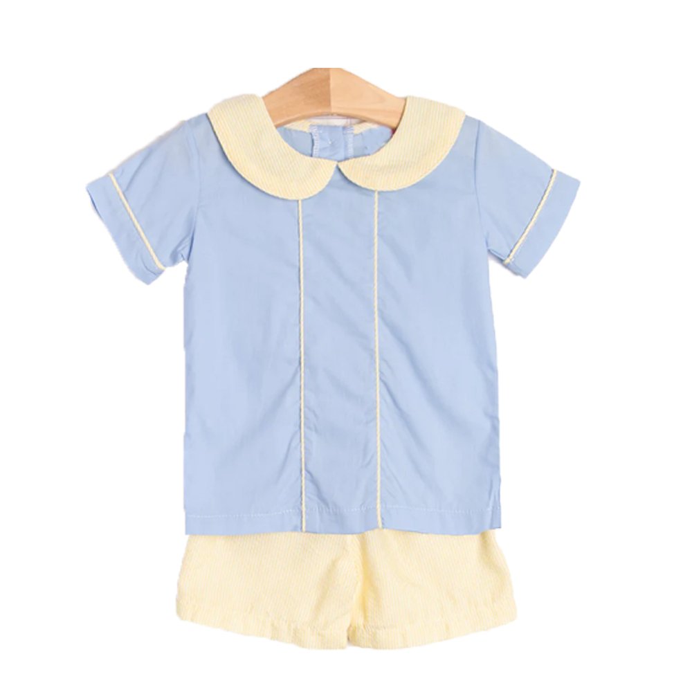 Summer seersucker cotton kids short sets little girl ruffle dress boy clothing set toddler shortall romper