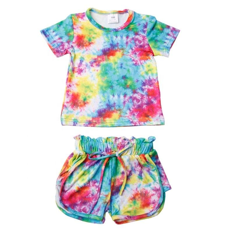 Bulk Sale Girl T Shirt Shorts Outfits Colorful Tie Die Cotton Fabric Children Boy Clothing Sets