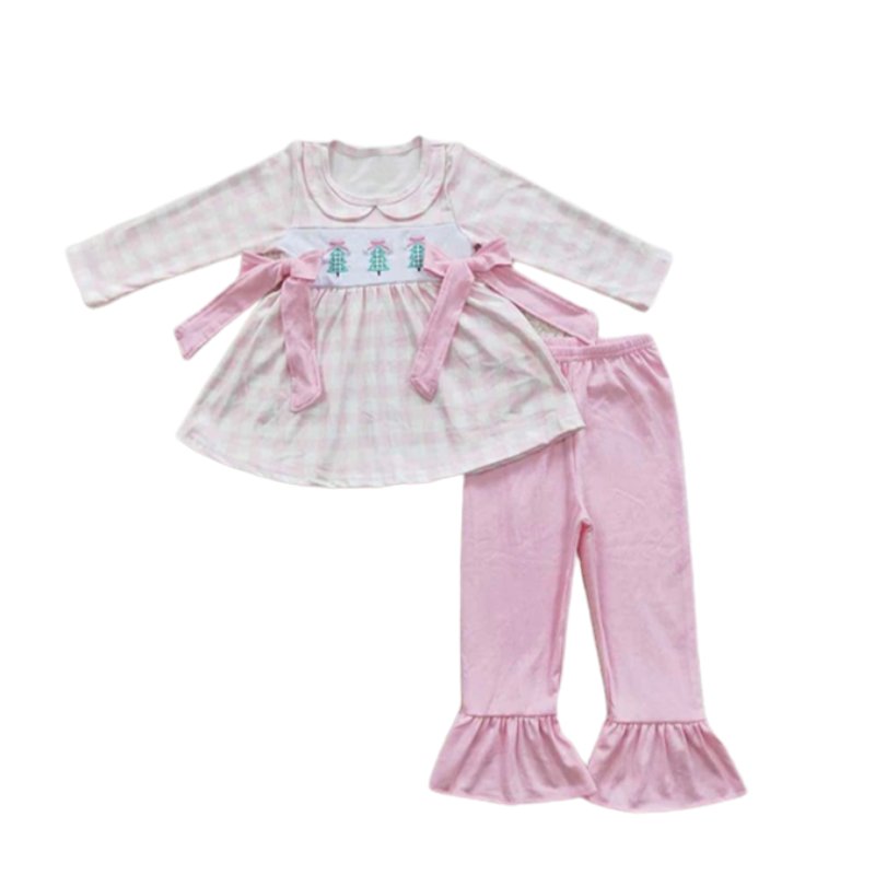 Baby Winter Long Sleeve Dress Set Round Neck Christmas Tree Embroidery Boy Blue Lattice Top outfit Children Smocked Clothes