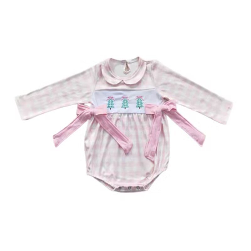 Baby Winter Long Sleeve Dress Set Round Neck Christmas Tree Embroidery Boy Blue Lattice Top outfit Children Smocked Clothes