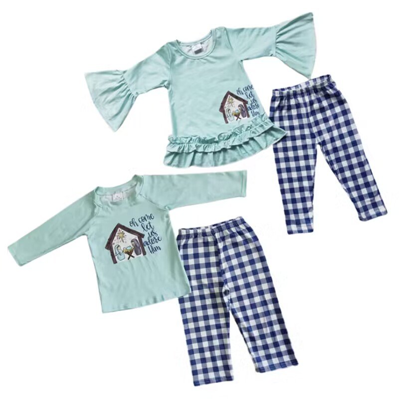 Baby Winter Long Sleeve Dress Set Round Neck Christmas Tree Embroidery Boy Blue Lattice Top outfit Children Smocked Clothes