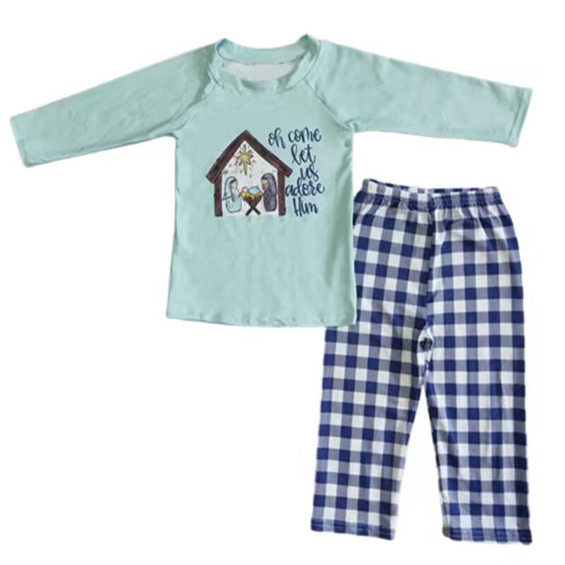 Baby Winter Long Sleeve Dress Set Round Neck Christmas Tree Embroidery Boy Blue Lattice Top outfit Children Smocked Clothes