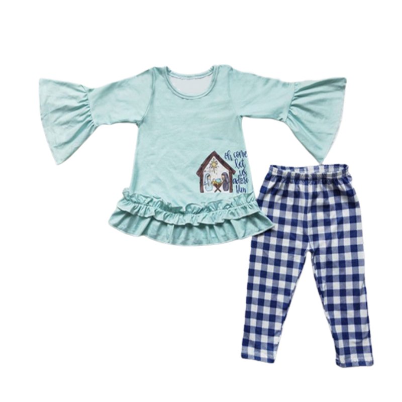Baby Winter Long Sleeve Dress Set Round Neck Christmas Tree Embroidery Boy Blue Lattice Top outfit Children Smocked Clothes