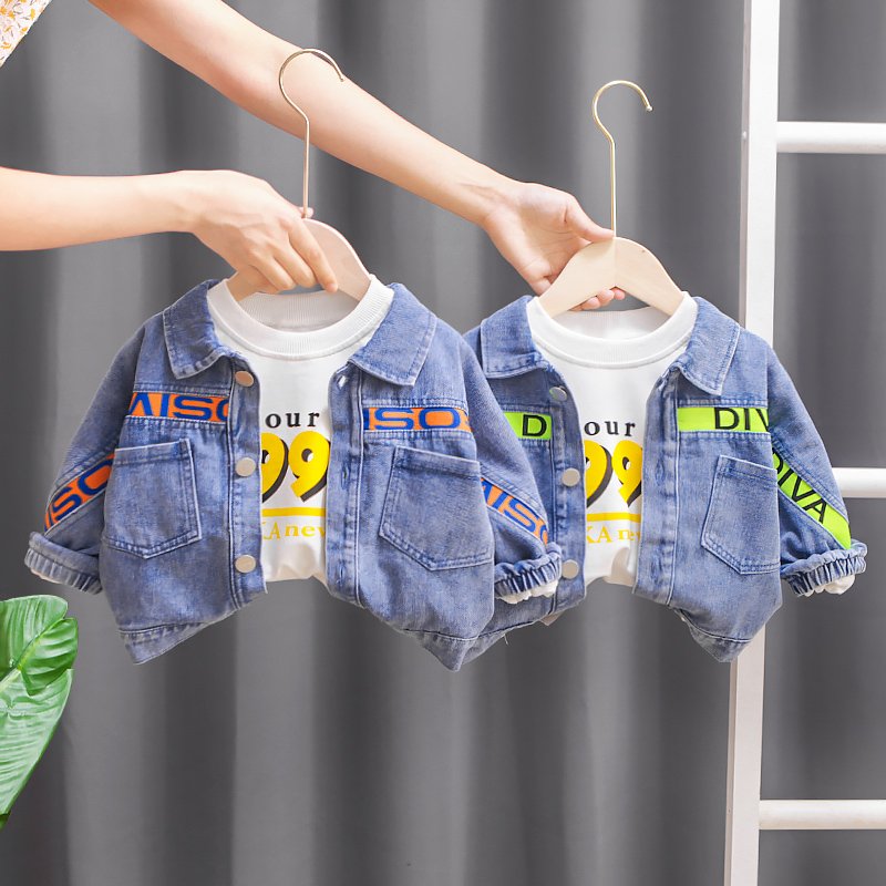 2024 Spring and Autumn Handsome Trendy Boys Clothing Set Blocked Denim Coat and Three Piece Set for Boys and Babies