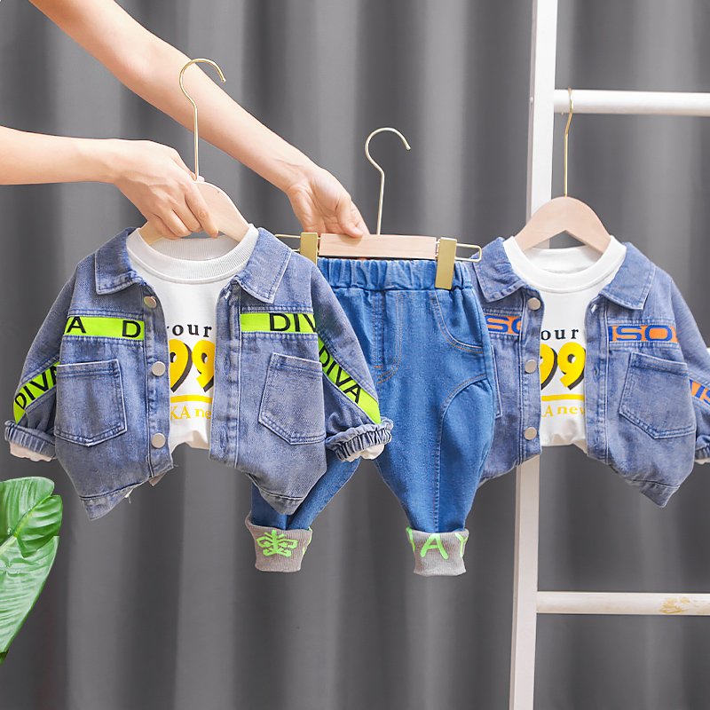 2024 Spring and Autumn Handsome Trendy Boys Clothing Set Blocked Denim Coat and Three Piece Set for Boys and Babies