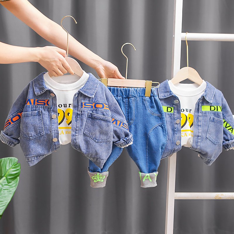 2024 Spring and Autumn Handsome Trendy Boys Clothing Set Blocked Denim Coat and Three Piece Set for Boys and Babies