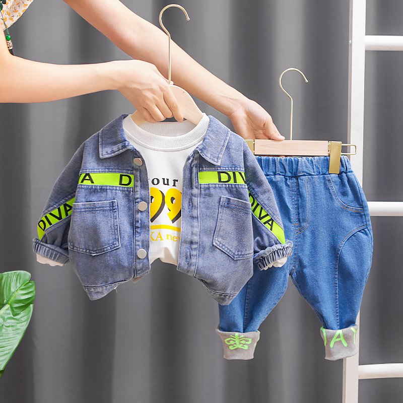 2024 Spring and Autumn Handsome Trendy Boys Clothing Set Blocked Denim Coat and Three Piece Set for Boys and Babies